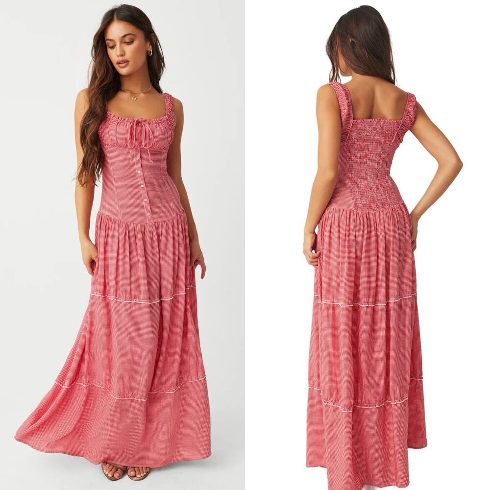 Frankie’s Bikinis Red White Gingham Milkmaid Christabelle Ruffle Maxi Dress S